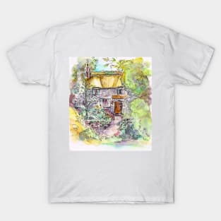 Thatched Cottage Watercolour and Ink Painting T-Shirt